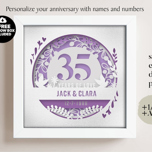 3D Anniversary 35 Years Shadow Box Custom Name and Numbers, Wedding Shadow Box, Anniversary Gifts, Files For Cricut, Template Lightbox Svg