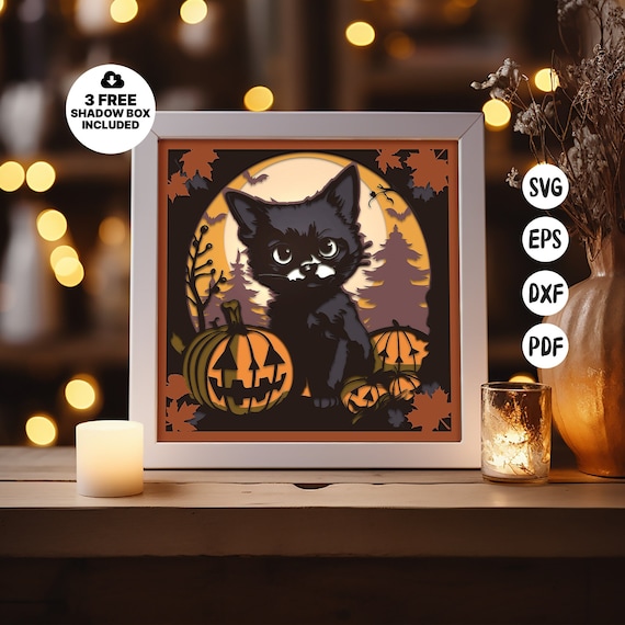 Cute Cat Halloween Shadow Box, Halloween Light Box, 3D Black Cat SVG, PaperCut Lightbox, Pumpkin Diy, 3D Shadow Box SVG, Cardstock SVG