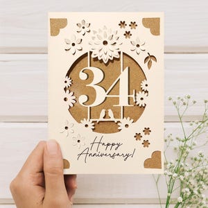 Cricut Anniversary Card SVG, Szablon karty z okazji rocznicy ślubu, 3D DIY Kartka z życzeniami dla Cricut z kwiatami, Prezent na 34. rocznicę