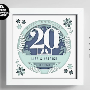 Shadow Box 3D Jubiläum 20 Jahre, Benutzerdefinierter Name und Zahlen, Hochzeit Shadow Box, Geburtstagsgeschenke, Dateien für Cricut, Vorlage Lightbox usw