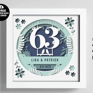 3D Anniversary 63 Years Shadow Box Niestandardowe nazwy i numery, Wedding Shadow Box, Prezenty rocznicowe, Pliki dla Cricut, Szablon Lightbox Svg