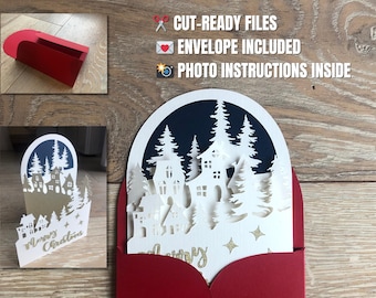 Christmas Pop Up Card SVG Template – 3D Holiday Card with Envelope, Merry Christmas Text – Cricut and Silhouette Cut Files, Digital Download