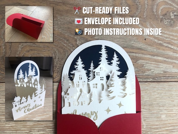 Christmas Pop Up Card SVG Template – 3D Holiday Card with Envelope, Merry Christmas Text – Cricut and Silhouette Cut Files, Digital Download