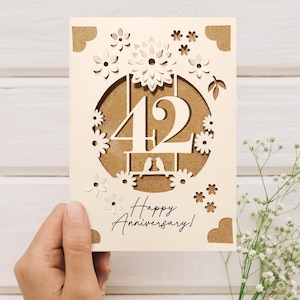 Tarjeta de aniversario Cricut SVG, plantilla de tarjeta de aniversario de bodas, tarjeta de felicitación 3D DIY para Cricut con flores, regalo de 42.º aniversario