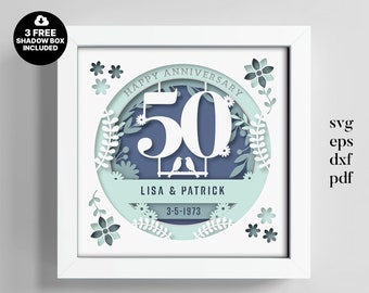 3D Anniversary 50 Years Shadow Box Custom Name and Numbers, Wedding Shadow Box, Anniversary Gifts, Files For Cricut, Template Lightbox Svg