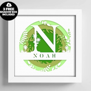 Shadow box Split monogramme de A à Z, nom personnalisé 3D, nom de famille de l'alphabet SVG, Dxf multicouche, Cricut Shadow Box, modèle Papercut vert