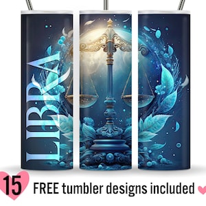 May include: A set of three stainless steel tumblers with a blue and gold design featuring a Libra zodiac symbol and the word "Libra" on one tumbler. The tumblers have a white background and are decorated with a blue and gold design.