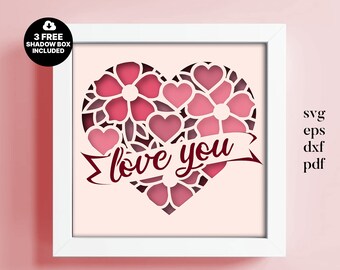 Scatola a forma di cuore con effetto ombra SVG / Scatola luminosa a forma di cuore 3D a strati / Regalo di San Valentino Cricut / Decorazione romantica per la casa Papercut / Download digitale