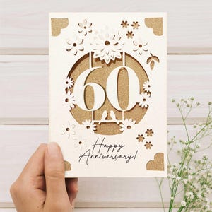 Tarjeta de aniversario Cricut SVG, plantilla de tarjeta de inserción para aniversario de bodas, tarjeta de felicitación 3D DIY para Cricut con flores, regalo de 60 aniversario