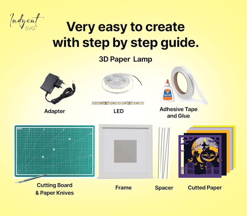 May include: An assortment of materials for a 3D paper lamp project, including an adapter, LED lights, adhesive tape and glue, a cutting board, paper knives, a frame, spacers, and cut paper. The text reads "Very easy to create with step by step guide."