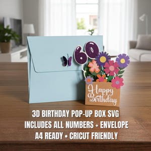 May include: A light blue birthday card with a pop-up flower arrangement and the number 60. The card includes a butterfly and the words "Happy Birthday." Text at the bottom reads "3D BIRTHDAY POP-UP BOX SVG INCLUDES ALL NUMBERS + ENVELOPE A4 READY &bull; CRICUT FRIENDLY."