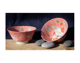 Japanese Happy Lucky Cats Red Bowls X2