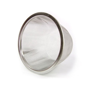 May include: A silver metal tea infuser with a fine mesh filter. The infuser is cone-shaped and has a round rim.