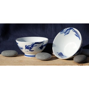 Japanese rice & soup bowls – Kingyo blue Gold Fish for wealth - good luck X2
