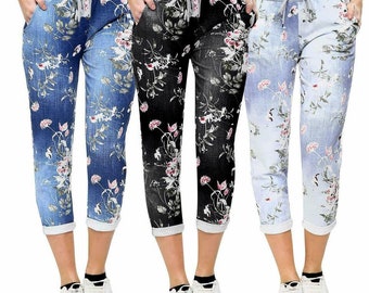 Womens Floral Print Casual Turn Up ITALIAN Magic Trousers Ladies Pants Bottoms