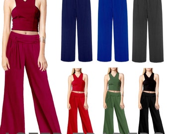 Ladies Long Crinkle Pleated Stretchy Belted Palazzo Suit Evening Trousers Pants