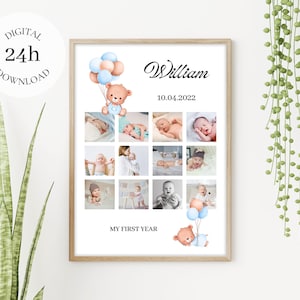 Eerste jaar aangepaste aandenken fotocollage | 1 digitaal verjaardagscadeau | Afdrukbare kinderkamer decor | Gepersonaliseerde 12 maanden Baby Boy Poster