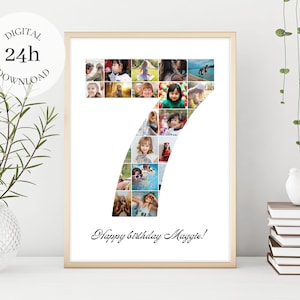 Collage photo numérique personnalisé du 7e anniversaire | Cadeau du 7e anniversaire | Numéro de collage de photos de bébé | Décor de chambre de bébé imprimable | Numéro 7 Poster