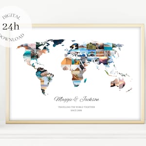 Druckbare benutzerdefinierte Weltkarten-Fotocollage | Digitale Reisefotocollage | Reisefoto-Kunstwerk | Geschenk für Reisende | Urlaubsfotodruck