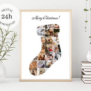 Gepersonaliseerde kerstsok fotocollage | Kerstfotocadeau | Afdrukbaar vakantiecadeau | Kunst aan de muur decor | Digitale poster voor uw kamer