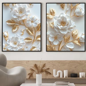 Gouden bloemenkunstprints: moderne botanische set van 2 (digitale download)