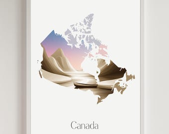 May include: A framed art print featuring a stylized map of Canada. The map is filled with a landscape scene of mountains, water, and a boat, with a sunset sky. The word "Canada" is printed below the map.