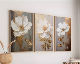Impressions d'art florales dorées : lot de 3 fleurs blanches modernes (téléchargement numérique)