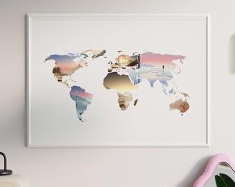 Wereldkaart Art Print: op de natuur geïnspireerde reisposter afdrukbaar modern Wanderlust-cadeau "digitale download"