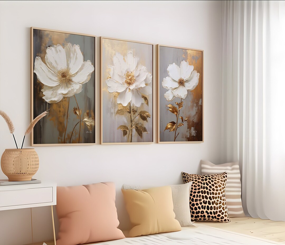 Gold Floral Art, Gold Flower Art, White and Gold Decor, Printable Flower Art, Flower Set of 3