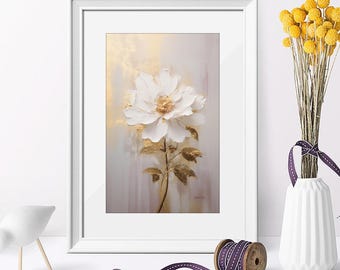 Impression d'art floral doré : peinture de fleurs blanches texturées (téléchargement numérique)