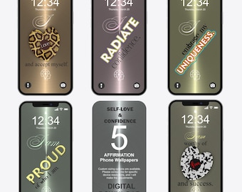 Puede incluir: Seis fondos de pantalla de smartphone con afirmaciones positivas. Las pantallas muestran mensajes como "Irradia confianza" y "Abraza mi singularidad". Una pantalla muestra un corazón con estampado de leopardo con la palabra "Love".
