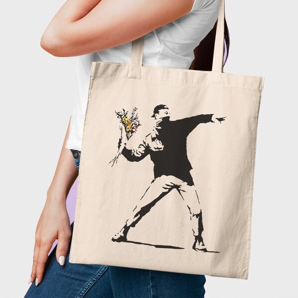 Banksy Rebel avec des fleurs Funny Stencil Graffiti Art Gift Tote bag doublé