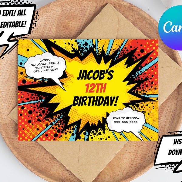 Comic Book Birthday Invitation Superhero Invitation Pop art graduation invite baby shower invitations greeting card party invitation digital