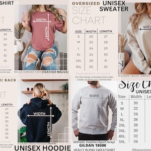 Op de afbeelding: Maattabel voor unisex T-shirts, sweatshirts en hoodies. De tabel toont de afmetingen in inches voor breedte en lengte. De tabel omvat de maten van S tot 5XL. De tabel bevat ook het merk en de kleur van elk item.