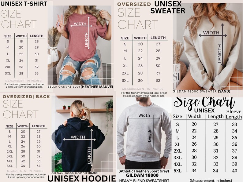 Op de afbeelding: Maattabel voor unisex T-shirts, sweatshirts en hoodies. De tabel toont de afmetingen in inches voor breedte en lengte. De tabel omvat de maten van S tot 5XL. De tabel bevat ook het merk en de kleur van elk item.