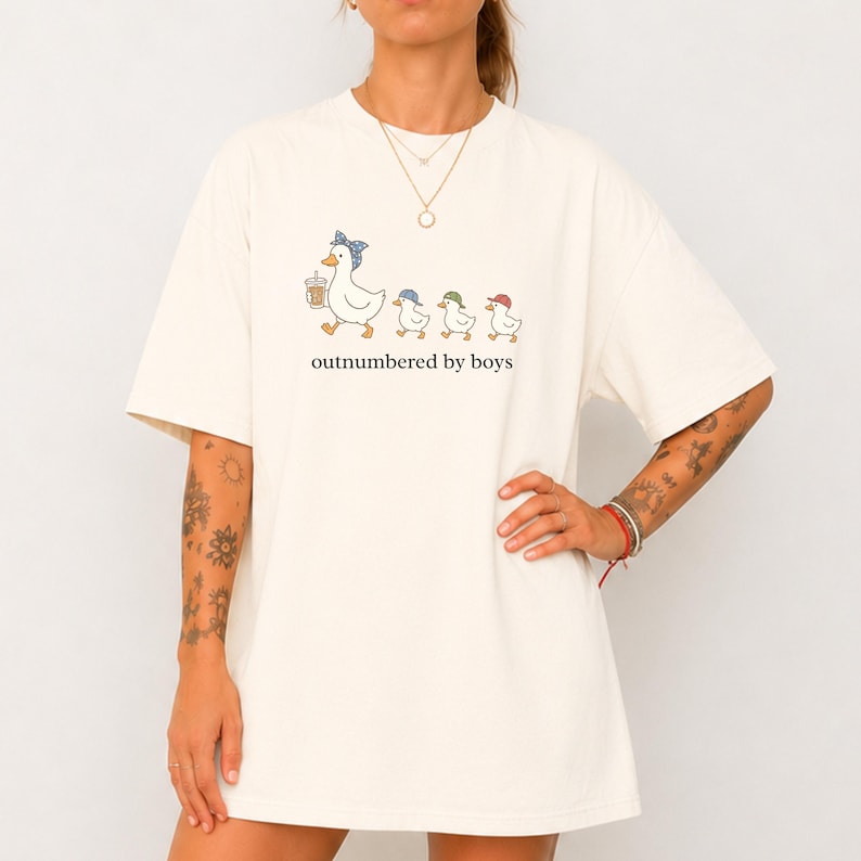 Outnumbered By Boys Shirt Funny Gift Idea for Mothers Day Birthday Gift for Boy Mom Silly Goose Graphic Tee Tshirt for Mom of 3 Boys Club Ivory