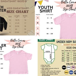 Op de afbeelding: Maattabel voor jeugd- en peutertruien en unisex baby-rompers. De tabel bevat de maten voor Gildan 18000 B jeugd-sweatshirts, Bella Canvas 3001Y jeugd-shirts, Bella Canvas 3001T peutertruien en Rabbit Skins 4400 unisex baby-rompers.