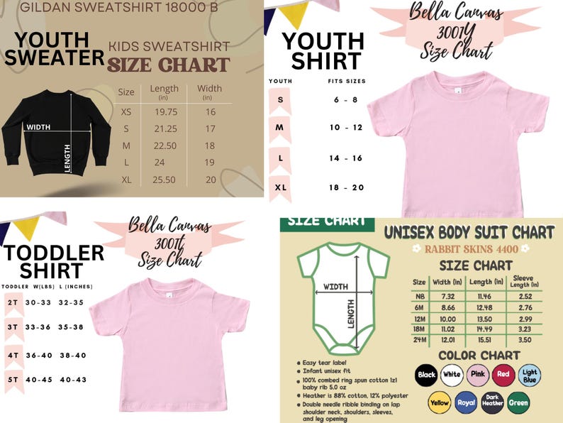 Op de afbeelding: Maattabel voor jeugd- en peutertruien en unisex baby-rompers. De tabel bevat de maten voor Gildan 18000 B jeugd-sweatshirts, Bella Canvas 3001Y jeugd-shirts, Bella Canvas 3001T peutertruien en Rabbit Skins 4400 unisex baby-rompers.