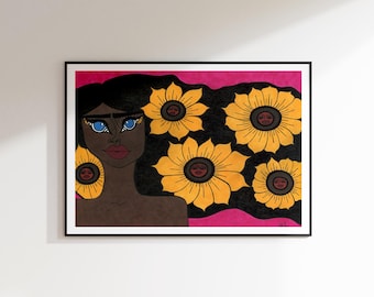 Becoming Art Print: Sunflower Woman Retro 60s 70s Style (11x14)