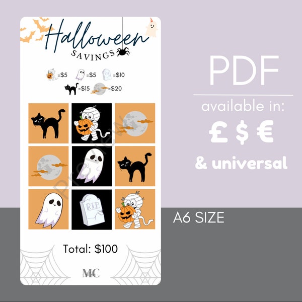 A6 Halloween Savings Challenge | Printable mini saving tracker for cash stuffing