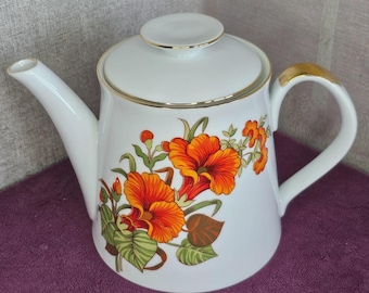 Tetera de porcelana vintage Iris Cluj, Rumania, con diseño floral y detalles dorados - década de 1970