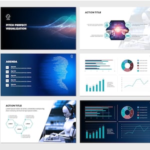 Könnte beinhalten: Eine Sammlung digitaler Präsentationsfolien mit einem dunkelblauen Hintergrund. Die Folien zeigen Diagramme, Grafiken und Text, darunter die Wörter "PITCH PERFECT VISUALIZATION" und "AGENDA". Einige Folien haben ein futuristisches Thema mit einem Roboter.