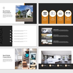 Könnte beinhalten: Eine Präsentationsfoliensammlung für Immobilien mit Bildern von Häusern und Inneneinrichtungen. Die Folien haben ein Schwarz-Weiß-Farbschema mit orangefarbenen Akzenten. Text enthält "Real Estate Presentation" und "Agenda".