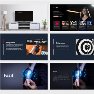 Könnte beinhalten: Eine Präsentation mit dem Titel "ANIMIERTE PPT" und Folien, die einen Fernseher, eine Fernbedienung, eine Dartscheibe, eine Skyline der Stadt und eine Glühbirne zeigen. Die Folien sind in deutscher Sprache.