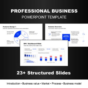 Könnte beinhalten: Eine PowerPoint-Vorlage mit dem Titel "PROFESSIONAL BUSINESS POWERPOINT TEMPLATE". Das Bild zeigt mehrere Folien mit Diagrammen und Text. Die Folien umfassen "Features Design 1", "Solution Overview" und "KPI / Dashboard Slide". Die Vorlage enthält "23+ Structured Slides".