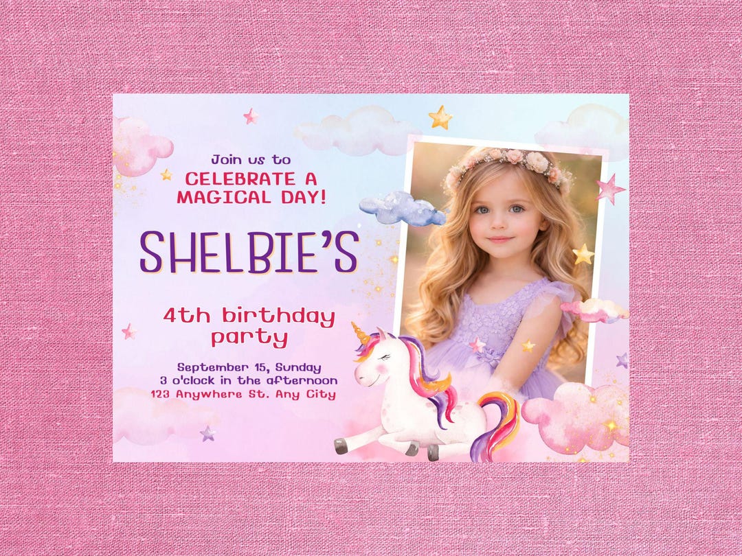 Unicorn Birthday Invitation With Photo | Editable Canva Template ...