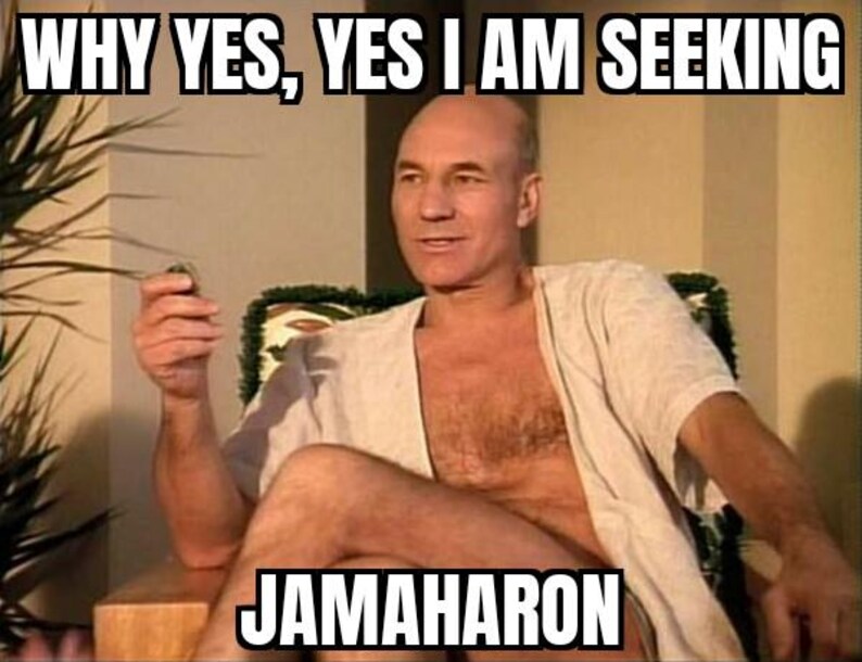 Puede incluir: Un hombre con una bata blanca se sienta en una silla con el texto "WHY YES, YES I AM SEEKING JAMAHARON" en la imagen.