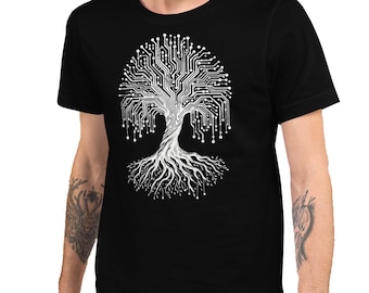 Neural Roots – AI Circuit Tree T Shirt, Cyber Nature Graphic Tee, Short and Long Sleeves, Black & White tee, Cyber Aesthetics Shirt