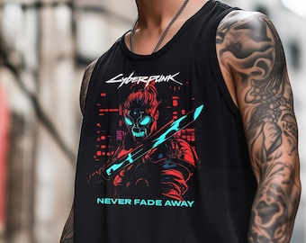 Cyberpunk Samurai Tank Top, Neon Flux Style Trending Cyber Vibe Goth Fashion Cyberpunk Aesthetics Shirt Glowing Retro Cosplay Unisex