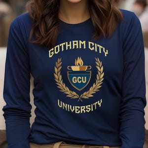 Gotham City University Womens Premium Cotton T-shirts, Classic University Style, Comic Book College, Gotham Fan Shirt, Superhero Gift, Gotham Uniform, superhero apparel,  T-shirt Tee, gift for her, gift for students, Special  gift, Legendary t-shirt, Vintage Cult Movie T-shirt, Womens Bella Canvas Cotton
